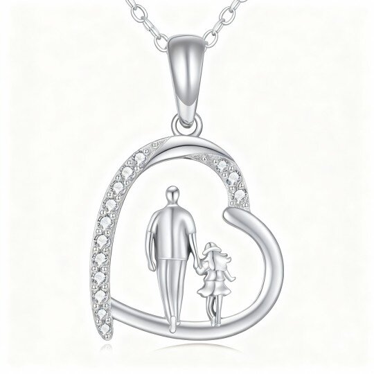 Colar com pendente de coração e zircónias cúbicas em ouro branco 10K com imagem de pai e filha