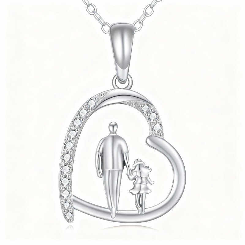 Colar com pendente de coração e zircónias cúbicas em ouro branco 10K com imagem de pai e filha-7