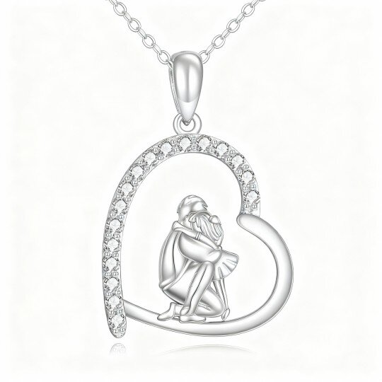 10K White Gold Cubic Zirconia Father & Daughter & Heart Pendant Necklace