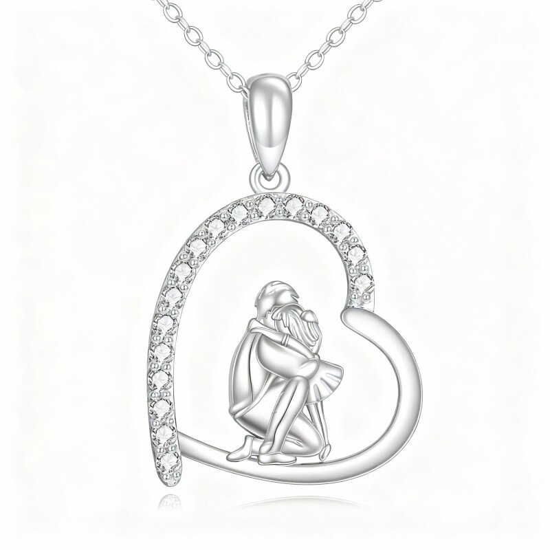 10K White Gold Cubic Zirconia Father & Daughter & Heart Pendant Necklace-10