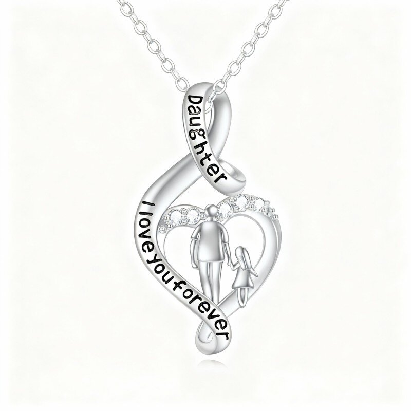 10K White Gold Cubic Zirconia Father & Daughter Pendant Necklace with Engraved Word-9