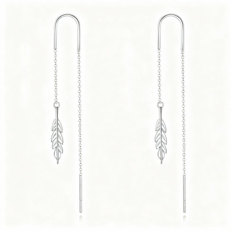 10K White Gold Feather Drop Earrings-17