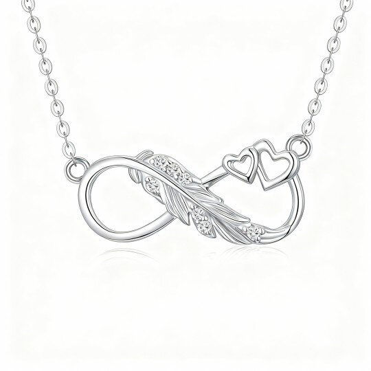 Colar com pendente de pena e símbolo do infinito em ouro branco 10K com zircónias cúbicas