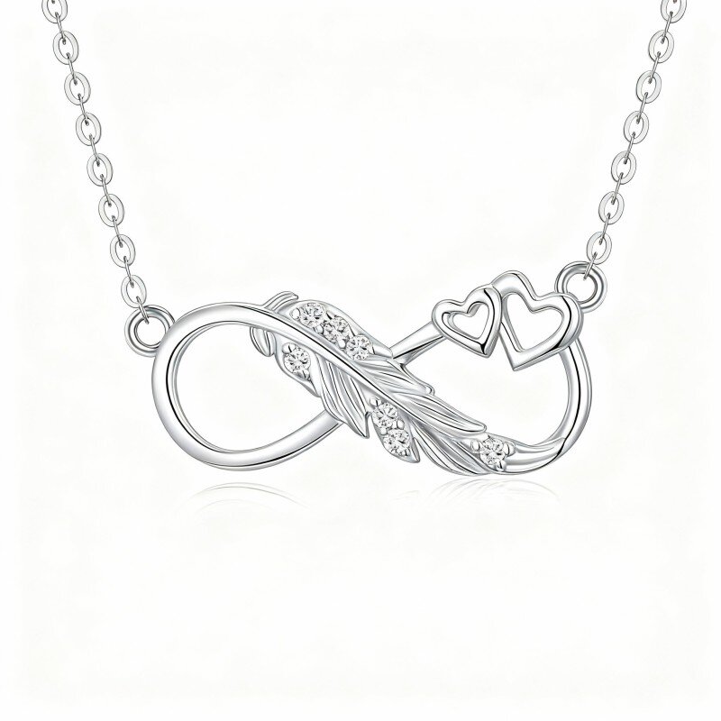 Collana con ciondolo a forma di piuma e simbolo dell'infinito in oro bianco 10K con zirconi cubici-1