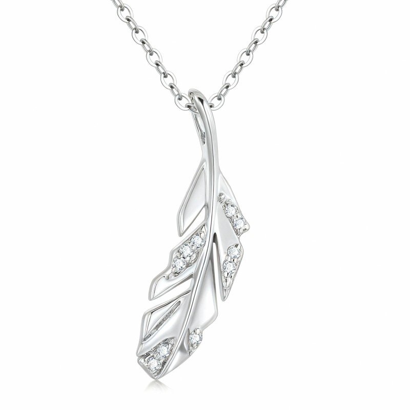 10K White Gold Cubic Zirconia Feather Pendant Necklace-11