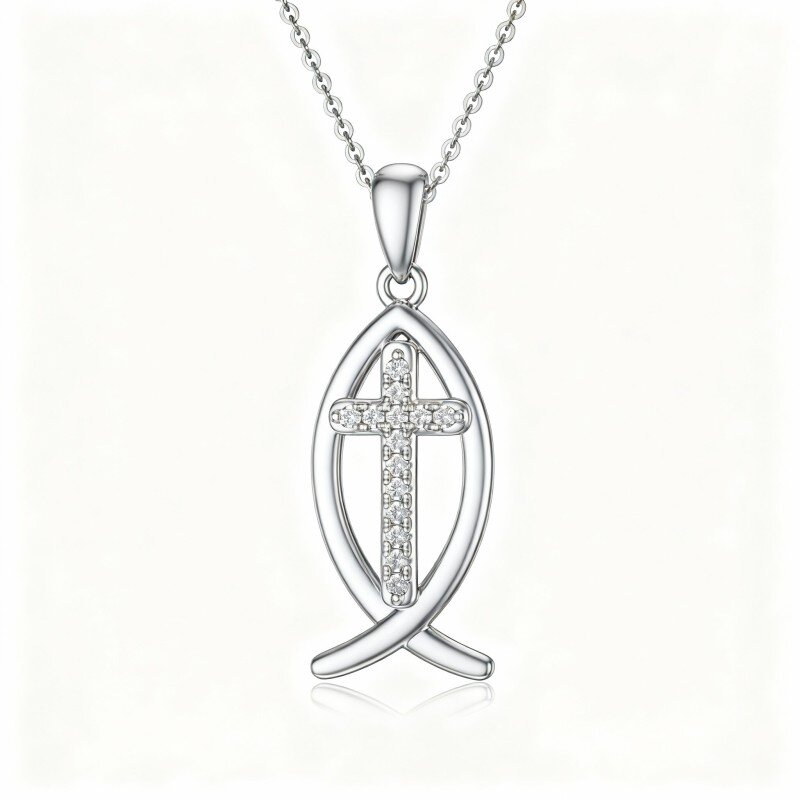 10K White Gold Cubic Zirconia Fish & Cross Pendant Necklace-4