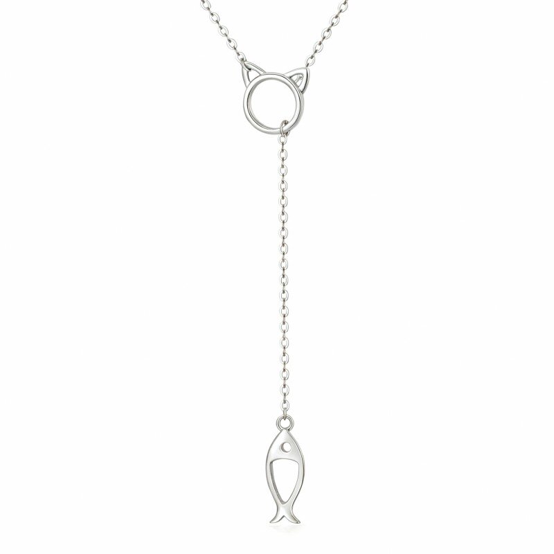 Colar em Y com pendente de peixe em ouro branco 10K (não ajustável)-20