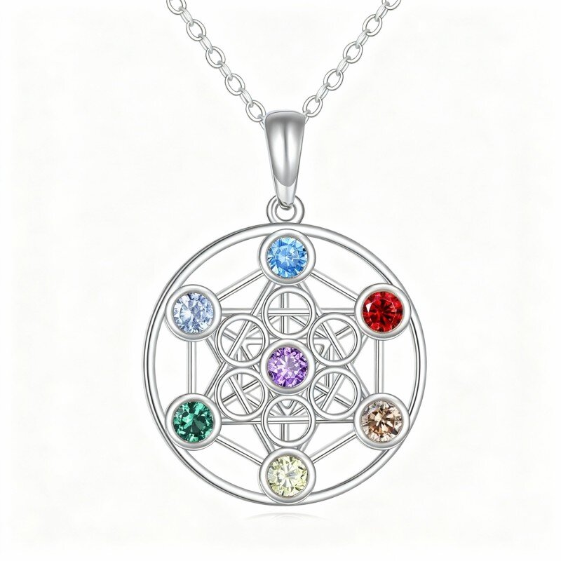 10K White Gold Cubic Zirconia Flower Of Life & Chakras Pendant Necklace-15
