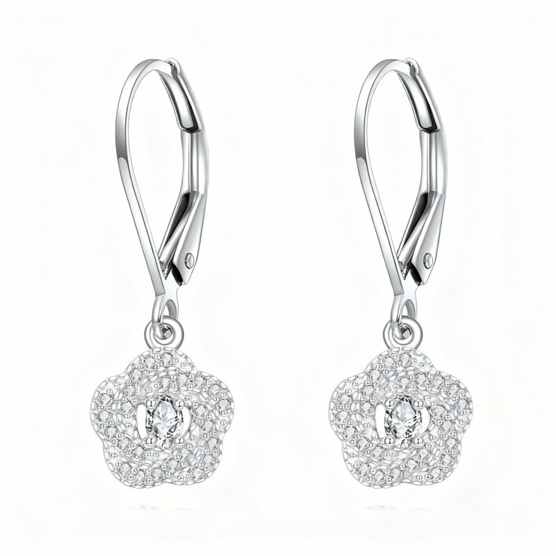 10K White Gold Cubic Zirconia Flower Of Life Drop Earrings-1