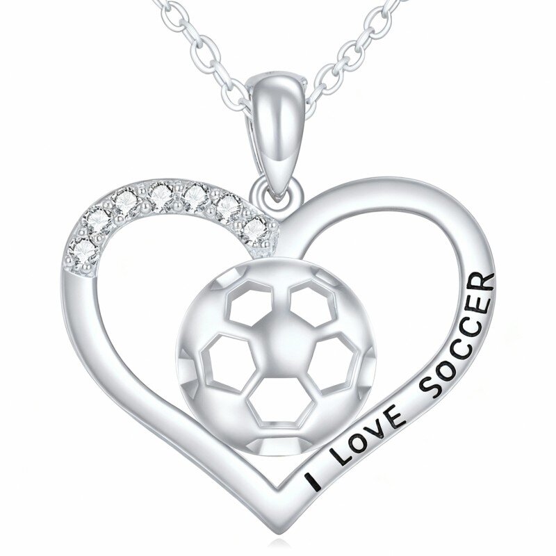 Colar com pendente de bola de futebol e coração em ouro branco 10K com zircónias cúbicas-1