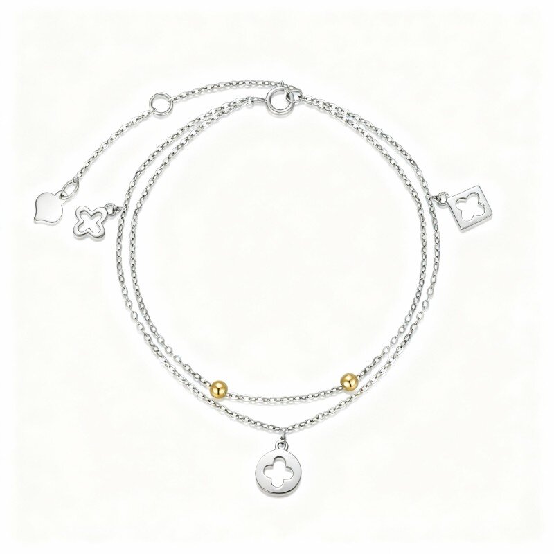 Pulsera de oro blanco de 10 quilates con dije de trébol de cuatro hojas, cuenta y cruz-12