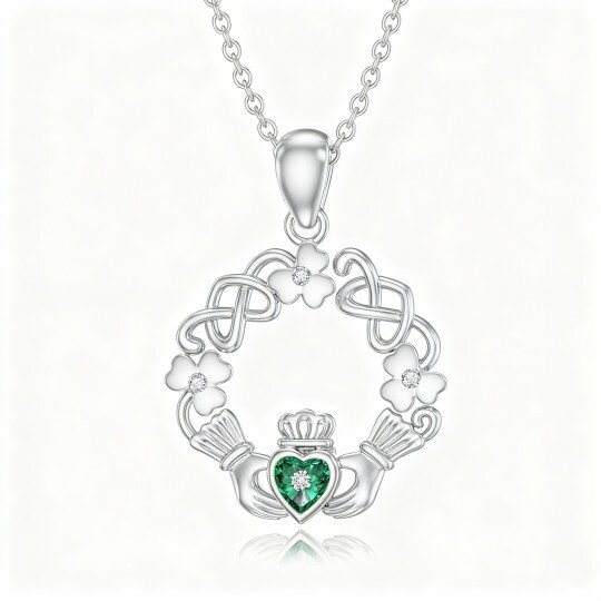 Colar com pendente de trevo de quatro folhas e claddagh em ouro branco de 10 quilates com zircónias cúbicas