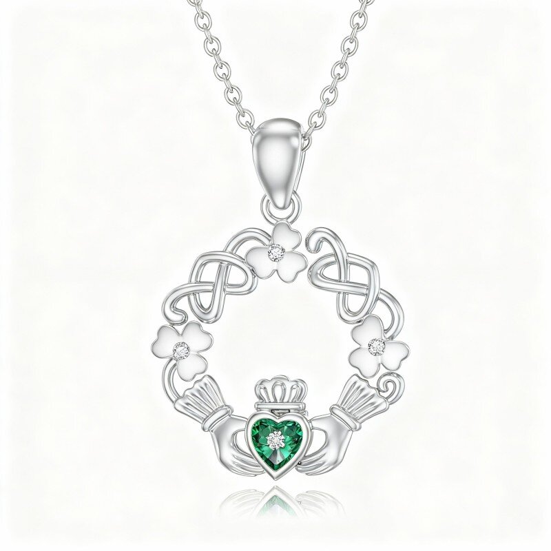 Colar com pendente de trevo de quatro folhas e claddagh em ouro branco de 10 quilates com zircónias cúbicas-3