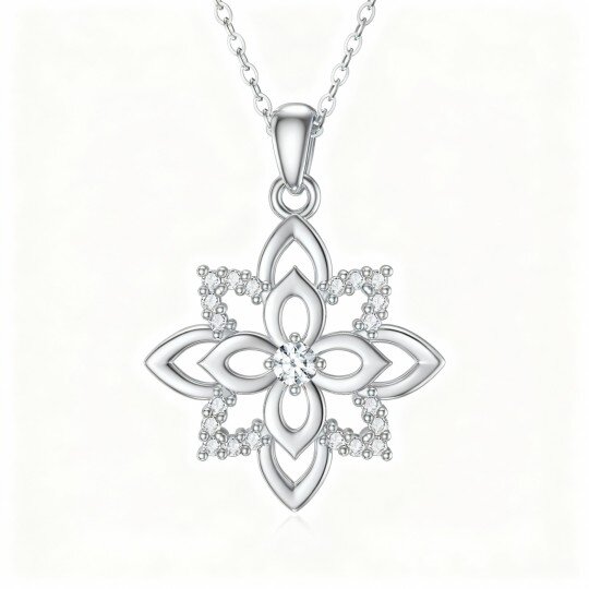 Colar com pendente de trevo de quatro folhas e lótus em ouro branco de 9 quilates com zircónias cúbicas