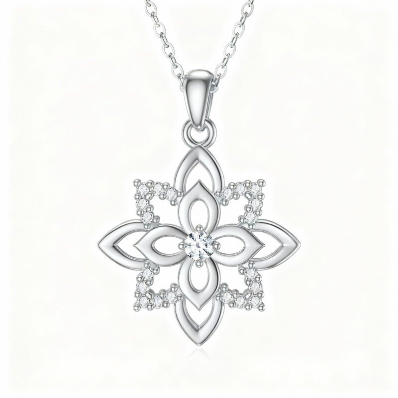 Colar com pendente de trevo de quatro folhas e lótus em ouro branco de 9 quilates com zircónias cúbicas-1