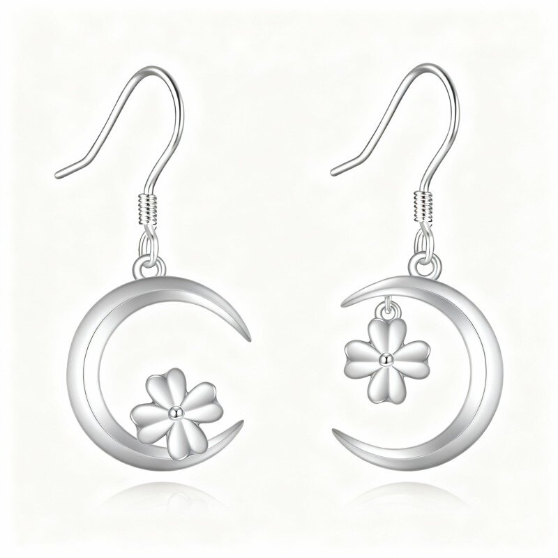 10K White Gold Cubic Zirconia Four Leaf Clover & Moon Drop Earrings-5