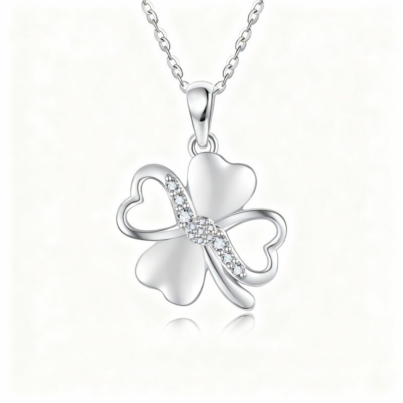 Colar com pendente de trevo de quatro folhas em ouro branco de 10 quilates com zircónias cúbicas-1