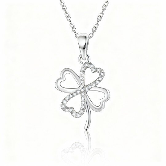 Colar com pendente de trevo de quatro folhas em ouro branco de 10 quilates com zircónias cúbicas