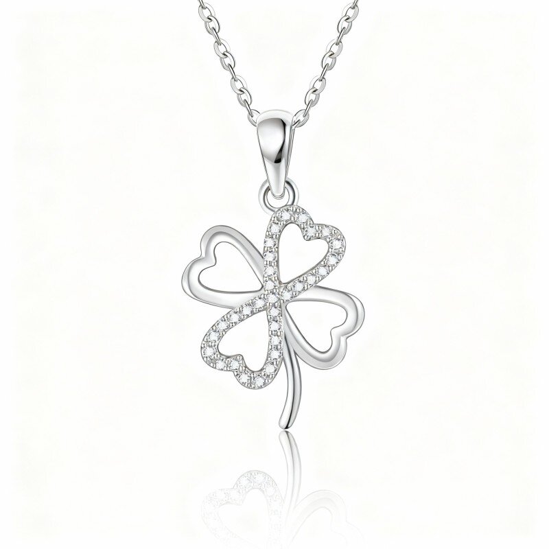 Colar com pendente de trevo de quatro folhas em ouro branco de 10 quilates com zircónias cúbicas-10