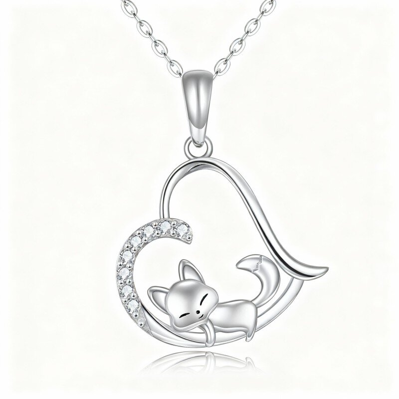 10K White Gold Cubic Zirconia Fox & Heart Pendant Necklace-9