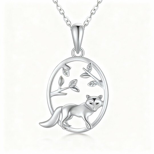 Halskette mit Fuchs- und Blätteranhänger aus 10-karätigem Weißgold