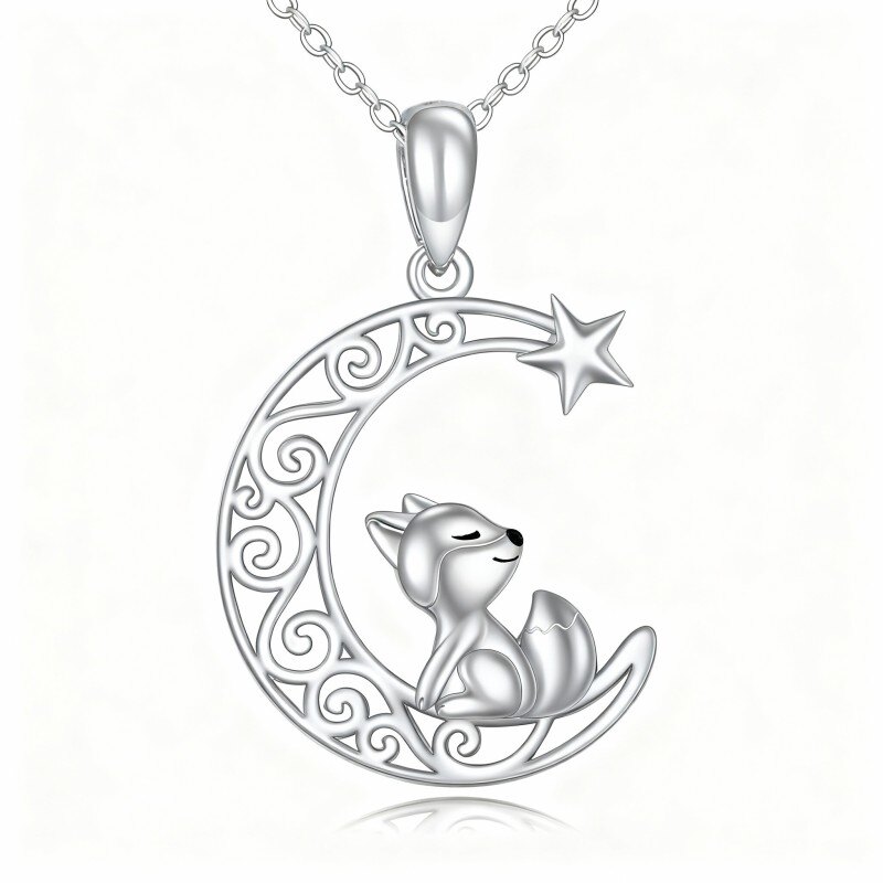 Collar con colgante de zorro, luna y estrella en oro blanco de 18 quilates-1