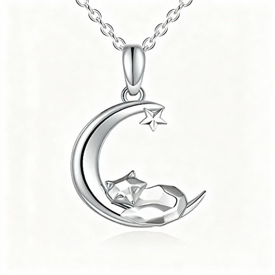 10K White Gold Fox & Moon & Star Pendant Necklace