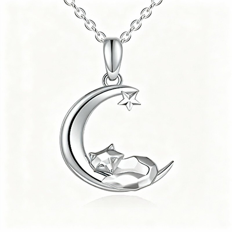 10K White Gold Fox & Moon & Star Pendant Necklace-7