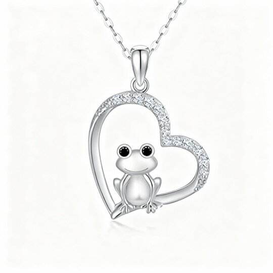 10K White Gold Cubic Zirconia Frog & Heart Pendant Necklace