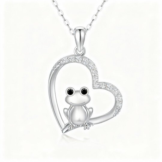 10K White Gold Cubic Zirconia Frog & Heart Pendant Necklace