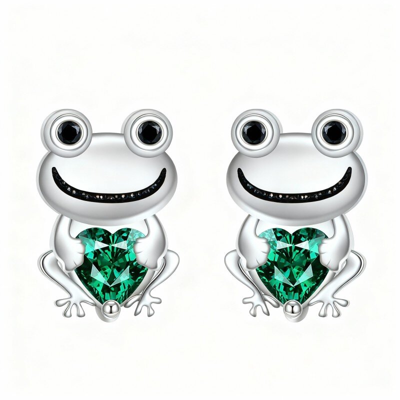 10K White Gold Cubic Zirconia Frog Stud Earrings-15