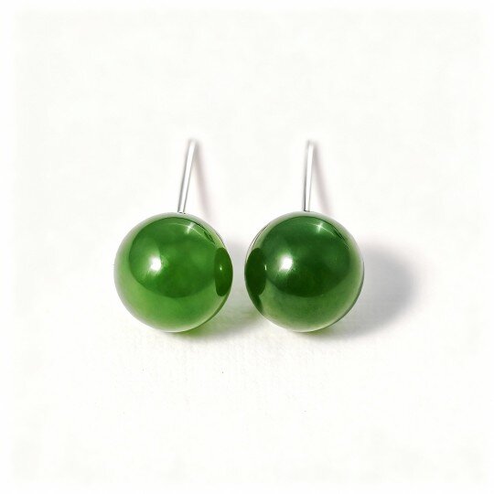 10K White Gold Green Jade Bead Stud Earrings