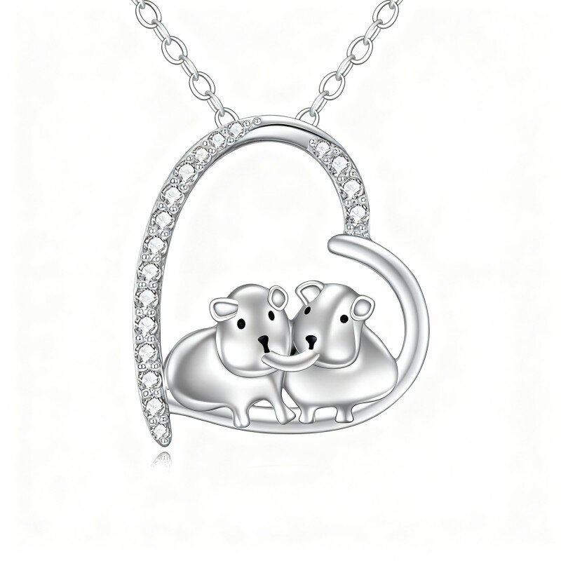 10K White Gold Cubic Zirconia Guinea Pig & Heart Pendant Necklace-1