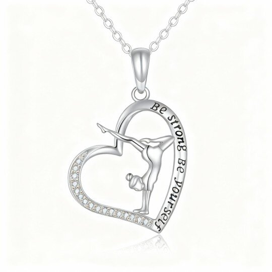 10K White Gold Cubic Zirconia Gymnast & Heart Pendant Necklace with Engraved Word