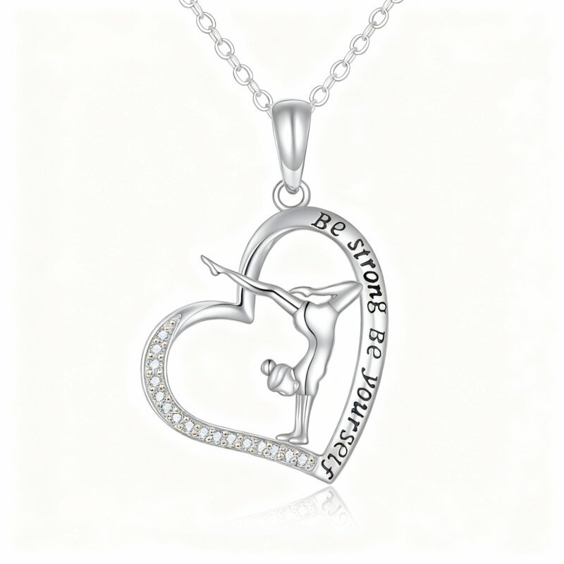 Collar con colgante de gimnasta y corazón en oro blanco de 10 quilates con circonitas cúbicas y palabra grabada-1
