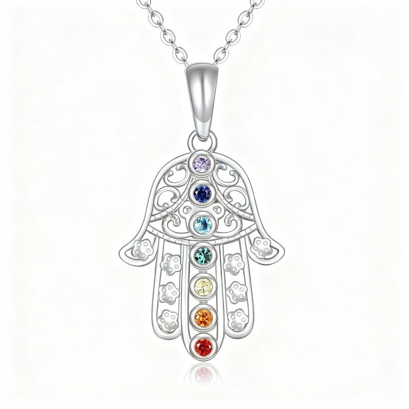 قلادة يد همسة من الذهب الأبيض عيار 10 قيراط مرصعة بالزركونيا المكعبة-5