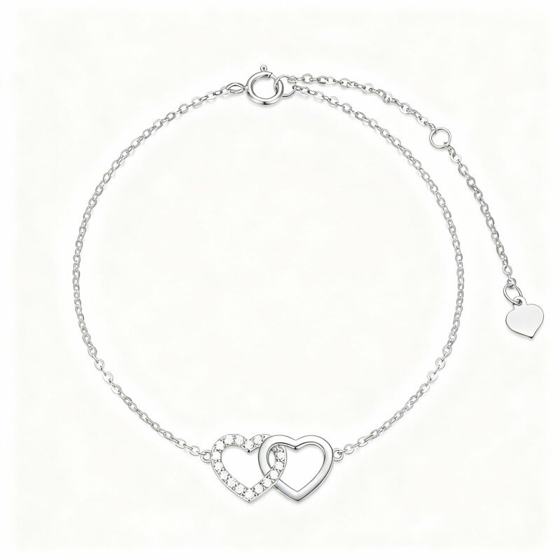 Pulseira com pendente coração em ouro branco 10K e zircónias cúbicas-17