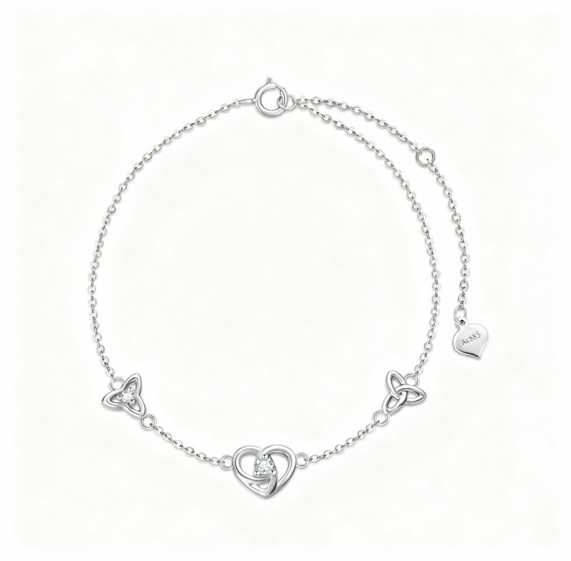 Pulseira com pendente coração em ouro branco 10K e zircónias cúbicas-14