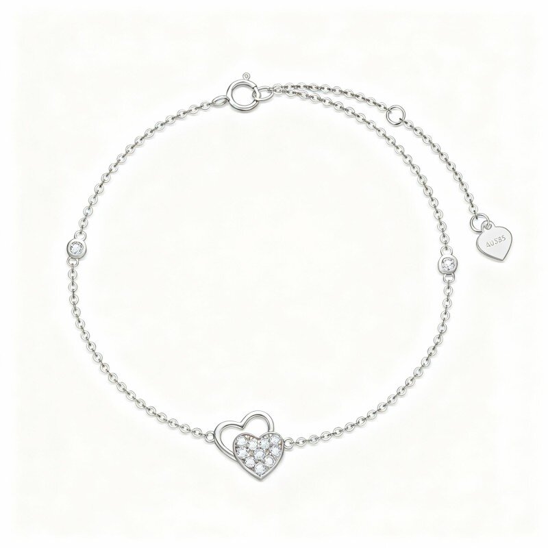 Pulseira em ouro branco 10K com pendente de coração e zircónias cúbicas.-6