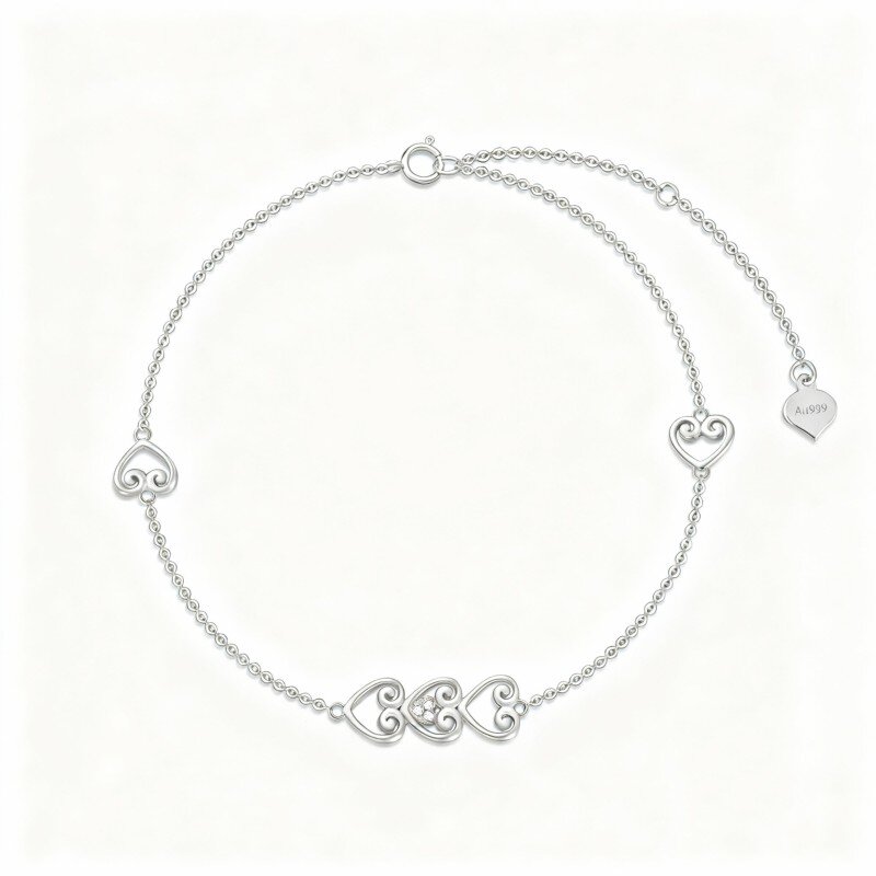 Pulseira com pendente coração em ouro branco 10K e zircónias cúbicas-12