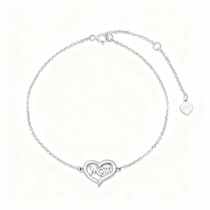 Pulseira em ouro branco 10K com pendente em forma de coração e palavra gravada.-5