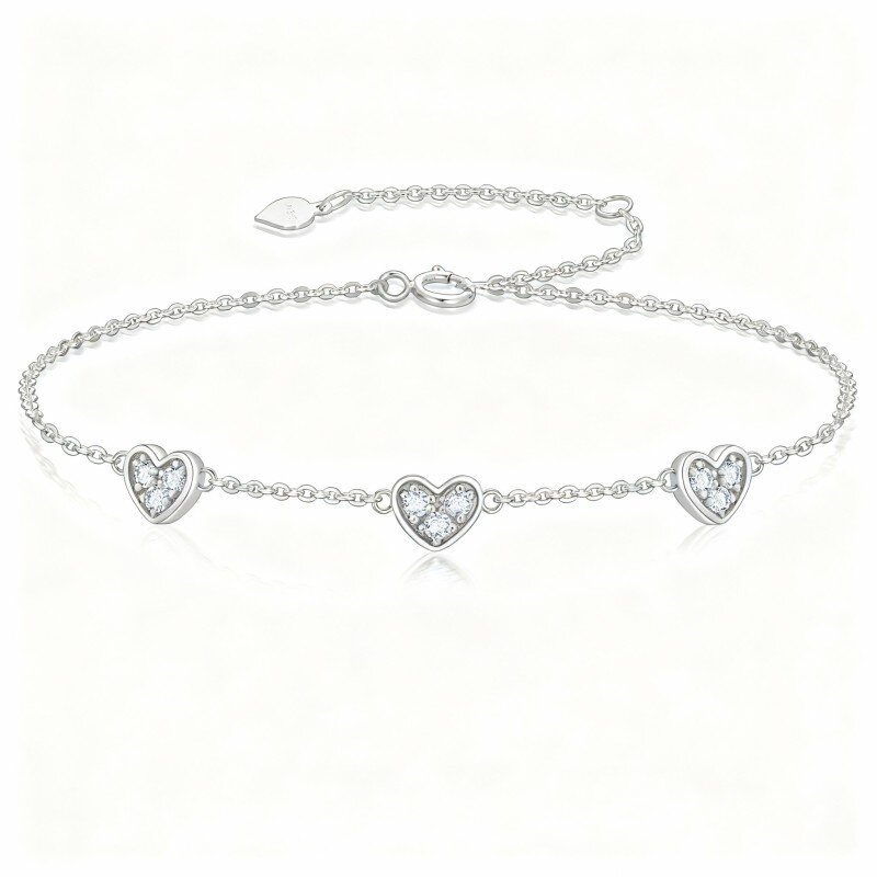 10K White Gold Cubic Zirconia Heart With Heart Charm Bracelet-2