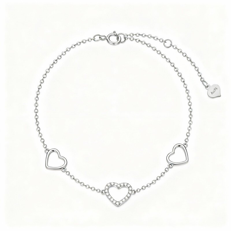 10K White Gold Cubic Zirconia Heart Charm Bracelet-18
