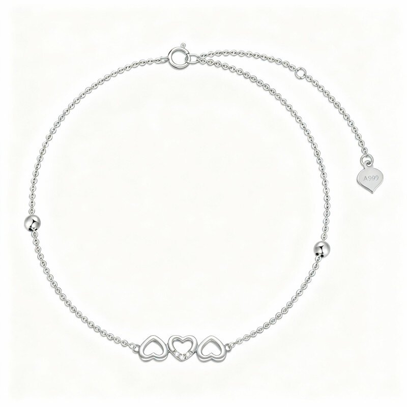 Pulseira em ouro branco 10K com pendente de coração e zircónias cúbicas.-3