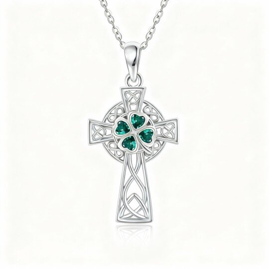 10K White Gold Heart Cut Cubic Zirconia Celtic Knot & Cross Pendant Necklace