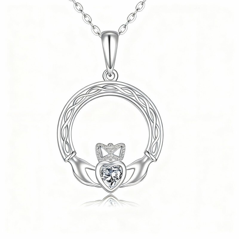 10K White Gold Heart Cut Cubic Zirconia Celtic Knot & Heart Pendant Necklace-12