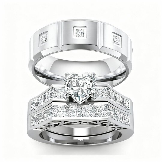 Anéis de casal em ouro branco de 10 quilates com corte em forma de coração