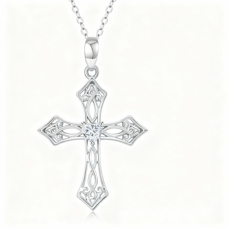 Colar com pendente de cruz em ouro branco 10K com zircónias cúbicas em forma de coração-1