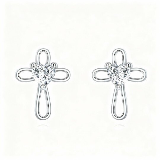 10K White Gold Heart Cut Cubic Zirconia Cross Stud Earrings
