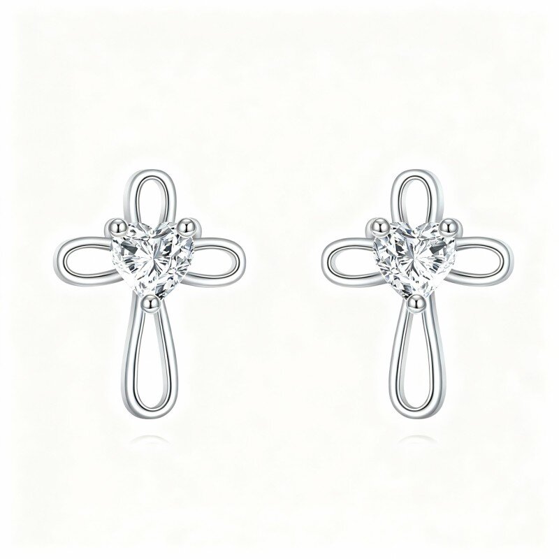 10K White Gold Heart Cut Cubic Zirconia Cross Stud Earrings-12